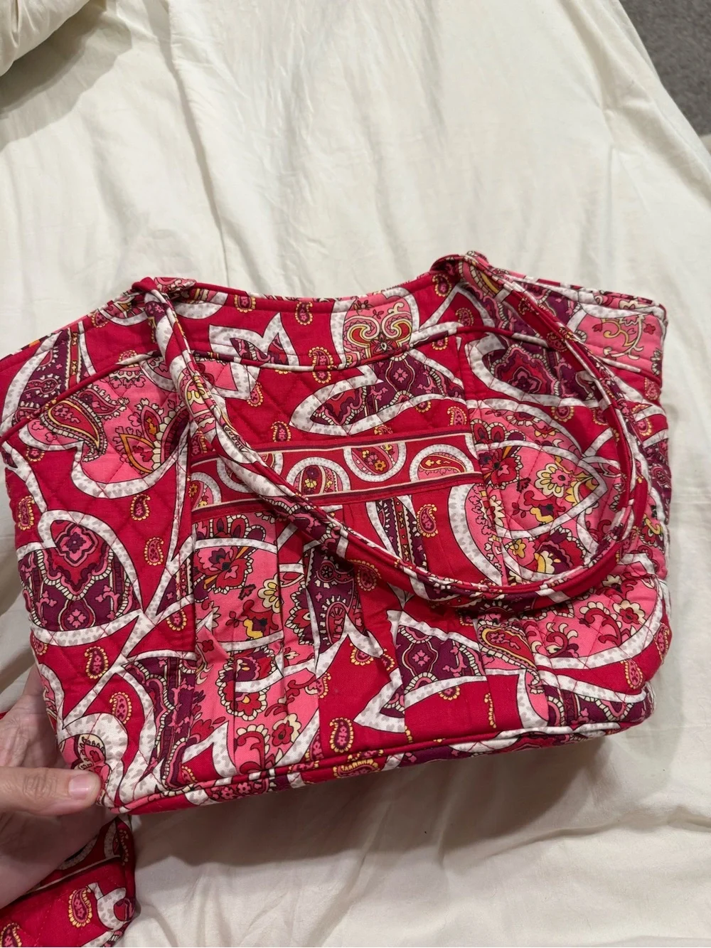Vera Bradley Pink Paisley Quilted Tote Bag & Matching Zip Cosmetic Pouch Set